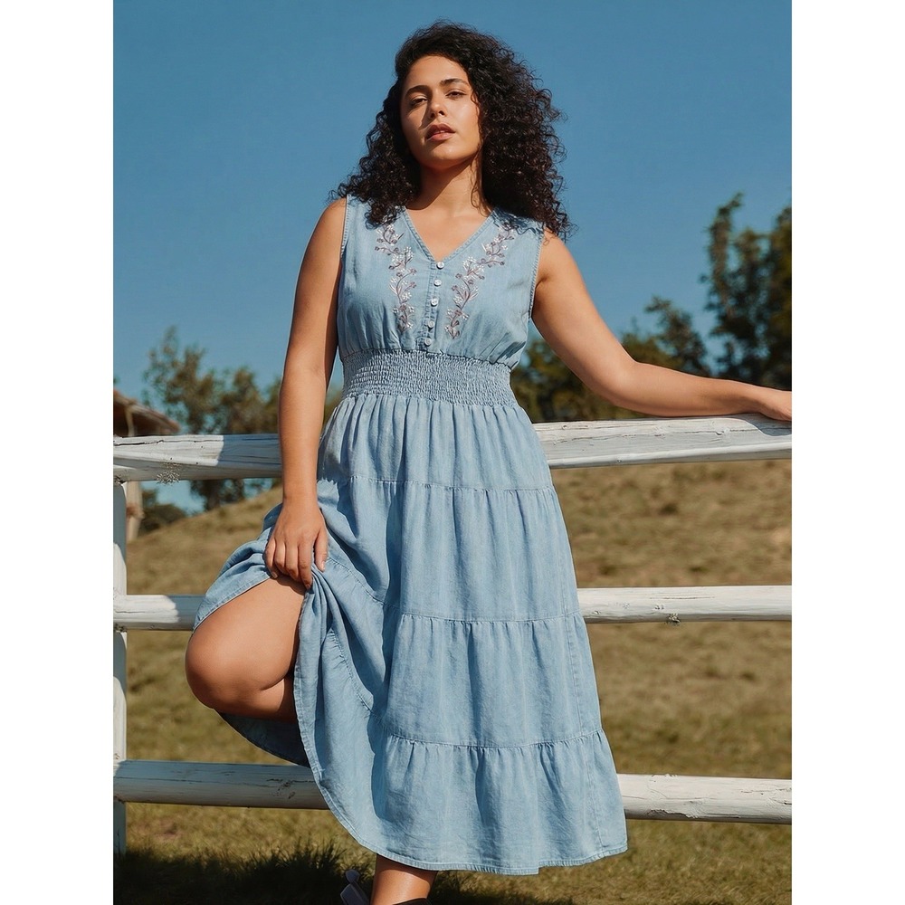Karen Hart Tiered Midi Dress Floral Embroidery Large Western Countrycore